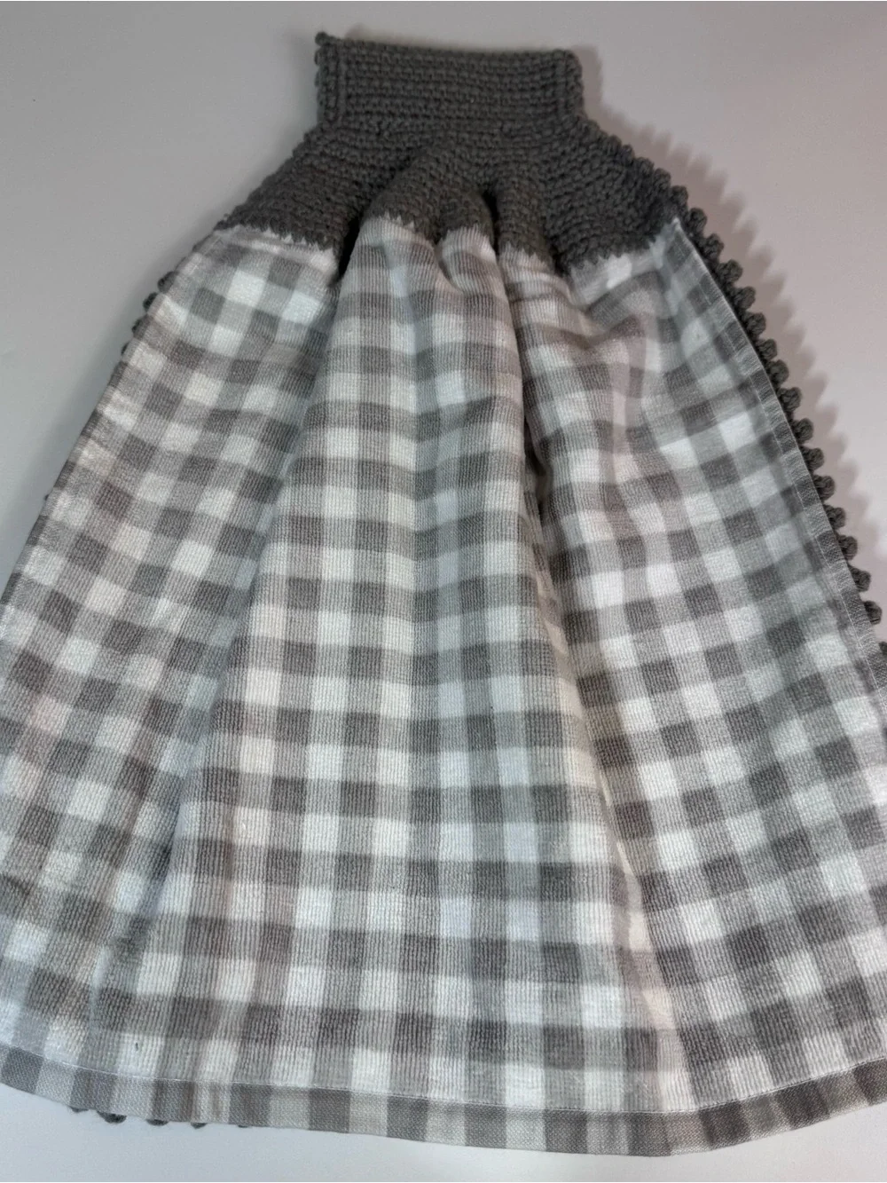 Handmade Crochet Pioneer Woman Hanging Kitchen Towel Gray Gingham Floral